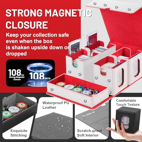 Trading Card Storage Box with Commander Display for MTG, TCG, Sports Cards, 5-in-1 Card Deck Box, Holds 450+ Double-Sleeved Cards, 4 Individual Deck Cases with Covers, Dice Tray & Magnetic Holders - color: White & Red
