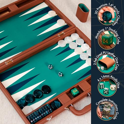 Pointworks 19 Inch Premium Backgammon Sets for Adults Leather Brown - Green. Premium 1.6 Inch Checkers & Dice Set, Travel Backgammon Set, Large, Backgammon Board Game, Backgammon Game Set - color: Brown Case - Green Field