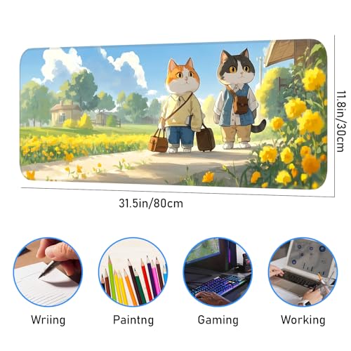 Cute Cat Mouse Pad, Non-Slip Rubber Gaming Mouse Pad with Seam Edge for Gaming, Office, Laptop, 31.5 x 11.8 Inch, Anime Cat Desk Mat - color: Cute Cat