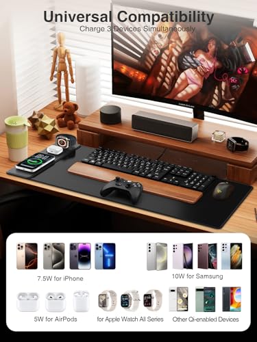 Magnetic Wireless Charging Mouse Pad, 31.5"x15.8" Large Desk Mat | Waterproof Mousepad, Smooth Glide, Stitched Edge, Non-Slip Rubber Base, Desk Pad Computer Keyboard Mat, with Adapter - color: Black-Adatper