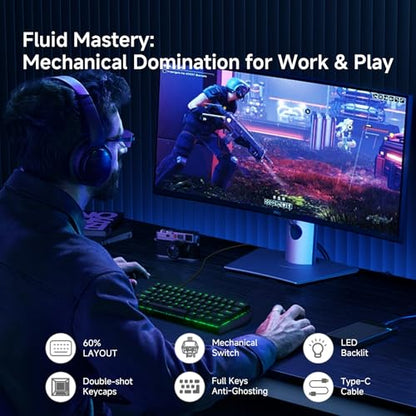 TMKB 60% Mechanical Gaming Keyboard, Red Linear Switch, Wired, Black | LED Backlight, Anti-Ghosting, Detachable USB-C, Double-Shot Keycaps, 61 Keys - style: Black