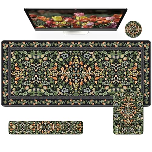 iCasso Mouse Pad with Wrist Rest,Ergonomic Large Desk Mat Set, Black | Keyboard Pad with Wrist Support, Non-Slip Mouse Mat for Women, Cute Floral Computer Mat for Home Office Gaming - color: Black