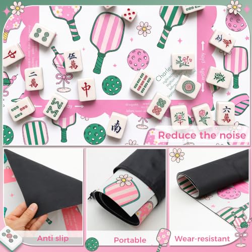 Pink Dickleball Martini Mahjong Mat with Rules 31.5" x 31.5" | Preppy Floral Design, Non-slip Noise Reduction, Mahjong Game Table Cover for Poker Board, Card Games, Dickleball Lovers Gifts - style: Preppy Pink