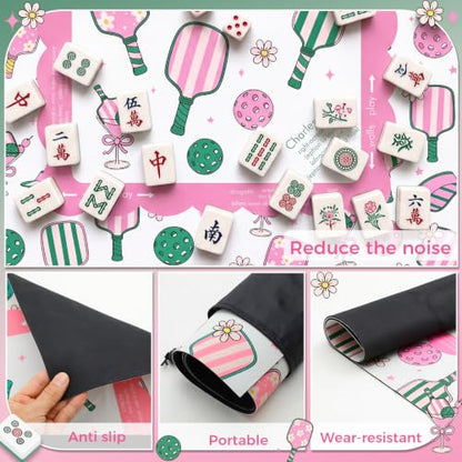 Pink Dickleball Martini Mahjong Mat with Rules 31.5" x 31.5" | Preppy Floral Design, Non-slip Noise Reduction, Mahjong Game Table Cover for Poker Board, Card Games, Dickleball Lovers Gifts - style: Preppy Pink