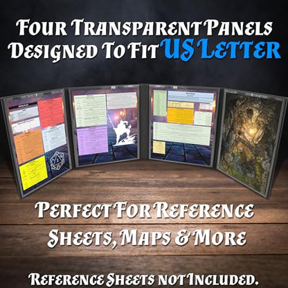 CASEMATIX DM Screen Faux Leather Embossed GM Screen - Four Panel Folding Game Master Screen with Wet Erase Pockets and Compatible with Tabletop Roleplaying Games, Inserts Not Included, Black - color: Black