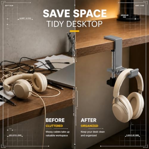 JAKO Headphone Stand for Desk, Aluminum Alloy Foldable Headphone Holder - Headset Stand Hook Mount, PC Gaming Headset Holder Under Desk Clamp for Office, Computer, Student Class Table, Handmade Table