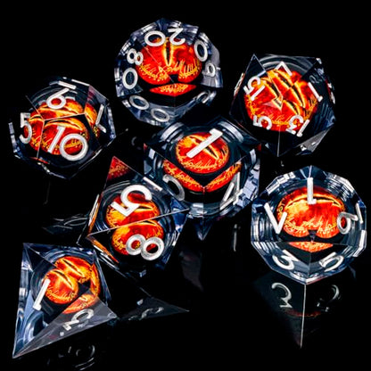 ARUOHHA DND Resin Dice Gazes Eye Dice Liquid Core Flaming RPG Sharp Edged Dice Set with Gift Box, Polyhedral D and D Dice Set Compatible with Dungeons Dragons Role Playing Game D20 D12 D10 D8 D6 - color: Sl01-silver Black