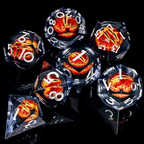ARUOHHA DND Resin Dice Gazes Eye Dice Liquid Core Flaming RPG Sharp Edged Dice Set with Gift Box, Polyhedral D and D Dice Set Compatible with Dungeons Dragons Role Playing Game D20 D12 D10 D8 D6 - color: Sl01-silver Black