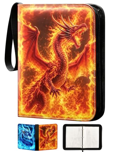 Blue Red Fire Dragon Card Binder, 4 Pocket Trading Card Holder with 50 Removable Sleeves, Zipper Card Binder Fits 400 Cards, Collection Card Storage Case Album Book Gifts - color: Dragon