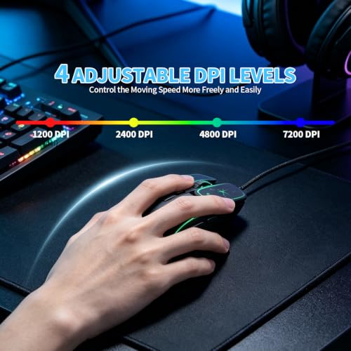 Wired Gaming Mouse, Lightweight USB Optical Computer Mice with 7 Buttons, 4 Adjustable DPI (1200-7200), Ergonomic Shape for Computers and Laptops, Black - color: Black