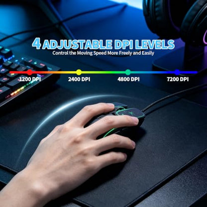Wired Gaming Mouse, Lightweight USB Optical Computer Mice with 7 Buttons, 4 Adjustable DPI (1200-7200), Ergonomic Shape for Computers and Laptops, Black - color: Black