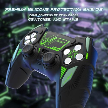 PlayVital Silicone Skin Set for PS5 Controller - Mecha Rhino Design, Anti-Slip Grip Cover Protector Compatible with Charging Dock, with Thumb Grips & Touchpad Sticker - Black & Green - color: Black & Green