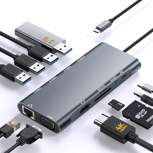 USB C Hub Multiport Adapter, 11 in 1 USB C Docking Station with 4K HDMI, 1080P VGA, 100W PD, USB 3.0, RJ45 Ethernet, TF/SD Card Reader, 3.5mm Audio, USBC Dongle for MacBook Pro/Air, Windows, Laptops - size: 11 IN 1 USB C Hub