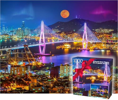 1000 Piece Puzzle for Adults - Vibrant Night Cityscape with Moonlit Bridge, Gift-Ready Box, Letters on Back, 8 Jigsaw Puzzle Saver Sheets & Full-Size Poster by GERJATO - Ideal Gift for Loved Ones - color: Night City View