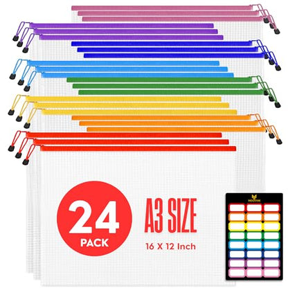 24 Pcs Mesh Zipper Pouch Bags A3 (16x12) Inches Large Waterproof, Reusable Zipper Bags for Board Game & Puzzle Storage, Classroom, Office & Organization, 8 Colors