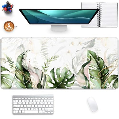 Green Tropical Leaves Mouse Pad Desk Pad,Green Sage Plant Extended Gaming Mouse Mat with Stitched Edges Non-Slip Waterproof Rubber Base Mous Mat for Office Home Game Desk Pad(27.5X11.8 in) - color: Green Tropical Leaves