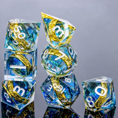 OUKELANWO Magic Lord Rings DND Dice Set with Box, 7Pcs Resin LOTR D&D Dice Set for Role Playing Game, Blue Dungeons Dragons D and D Sharp Edge Dice D20 D12 D10 D8 D6 D4 - color: Blue & White