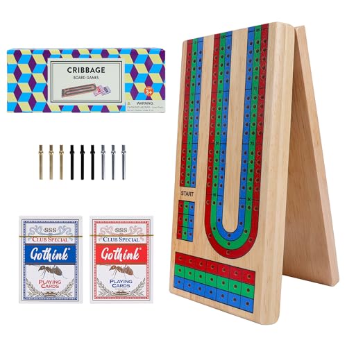 Offelec Upgraded Wooden Folding Cribbage Board Game Set - 3 Track Board with 2 Decks of Cards, 9 Metal Pegs & Storage | Portable Travel Cribbage for Kids, Adults and Family - color: Folding Cribbage Board