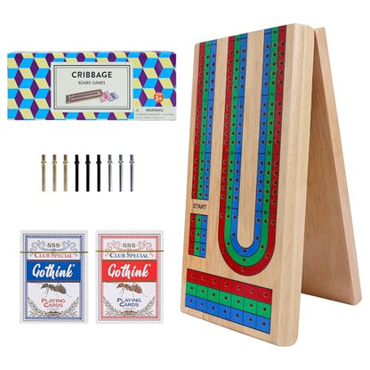 Offelec Upgraded Wooden Folding Cribbage Board Game Set - 3 Track Board with 2 Decks of Cards, 9 Metal Pegs & Storage | Portable Travel Cribbage for Kids, Adults and Family - color: Folding Cribbage Board