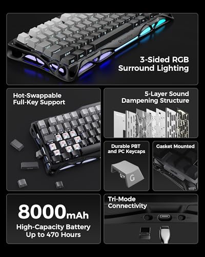 GravaStar Mercury K1 75% Wireless Mechanical Gaming Keyboard RGB Backlit | Gasket Mount, Hot Swappable Linear Switches, Creamy Sound Keyboard, 2.4GHz/USB-C/Bluetooth 5.0, for Win/Mac【Gradient Black】 - color: Gradient Black