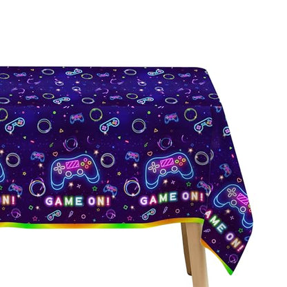 Video Game Party Tablecloth Decorations, Neon Glow Theme, 3 Pack | Disposable Neon Glow Level Up Game On Birthday Party Supplies Table Cover, 54in x 108in