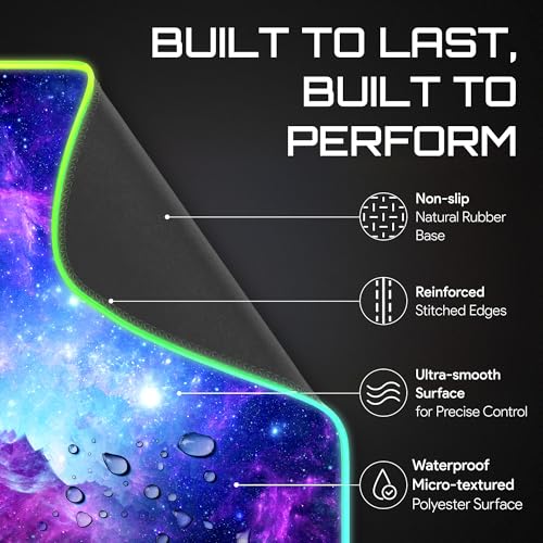 Gerlos RGB Gaming Mouse Pad, Large LED Desk Mat, 31.5 x 11.8 Inch | 12 light modes, non-slip base, water-resistant surface, stitched edges - color: Cosmic Glow