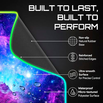 Gerlos RGB Gaming Mouse Pad, Large LED Desk Mat, 31.5 x 11.8 Inch | 12 light modes, non-slip base, water-resistant surface, stitched edges - color: Cosmic Glow