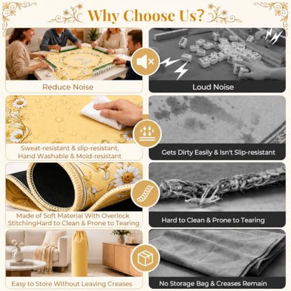 Yellow Mahjong Mat for Table & 50PCS Stickers| Carrying Bag, Heavy Floral Mahjong Mats&2 Dices, Noise Reduction Non Slip Foldable, 31.5x31.5 Game Table Cover, for Playing Card, Board Tile Games - color: Yellow