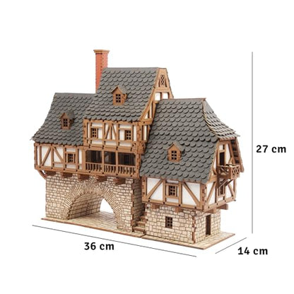Fawlty Manor (Pro Texture) - Bridge Dwelling - Medieval Tavern - Medieval Europe Series - 3D Puzzle - Architectural Model Kit - DIY - 28mm Scale – 465 Pieces – Ages 15 Years and Above - color: Manor Medieval