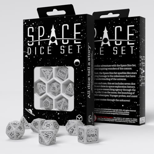 Space Dice Set Apollo by Q-Workshop – RPG Dice Set Inspired by NASA Apollo – Shimmering White with Black Engravings – Perfect for Tabletop Games & RPGs – 7 Polyhedral Dice (D4, D6, D8, 2D10, D12, D20)