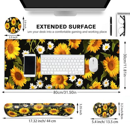 Large Gaming Mouse Pad+ Keyboard Wrist Rest Set, Ergonomics Memory Foam Mouse Mat Wrist Rest Support for Home Office, Waterproof Extended Mousepad 31.5x11.8in, Sunflower Flowers Black Desk Pad - color: Yvb-mousepad-9-f-169