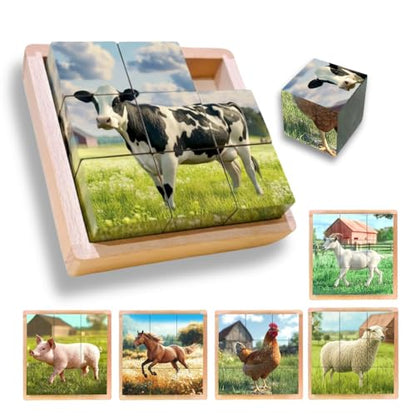 6-in-1 Wooden Animal Puzzle – Montessori Cube Toy for Kids – Realistic Farm Animals Educational Wood Blocks for Toddlers Ages 3–6 - style: Farm Animals