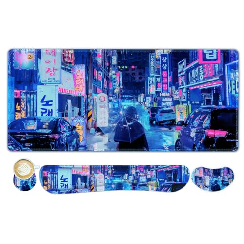 Large Gaming Mouse Pad Set, 4 in 1 Extended Keyboard Desk Mat with Wrist Rest, Computer Game Mousepad, Non-Slip Desk Pad Protector Easy Typing Pain Relief for Home Office I Anime Neon Street - color: Anime Neon Street