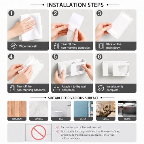 Strong Adhesive Wall Mount Phone Holder D3 Punch-Free Bedside Phone Shelf with Charging Port, Sticky Remote Control Storage Box, Bathroom & Kitchen Wall Organizer (White) - color: White
