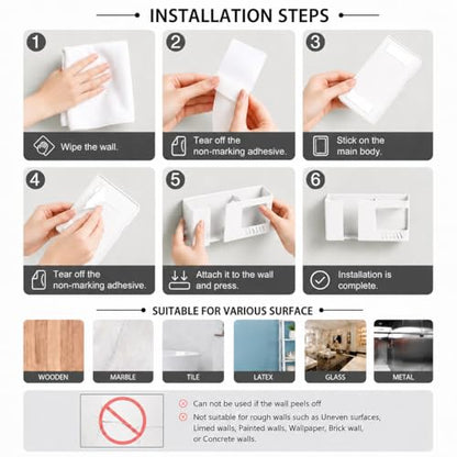 Strong Adhesive Wall Mount Phone Holder D3 Punch-Free Bedside Phone Shelf with Charging Port, Sticky Remote Control Storage Box, Bathroom & Kitchen Wall Organizer (White) - color: White