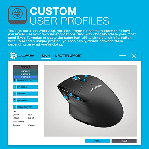 JLab, JBuds, Wireless Mouse, Bluetooth, USB Dongle, Multi-Device, Silent Click, Full-Size, Black | Full-Size, Tri-Mode with USB-Dongle, Ergonomic, Multi Device Silent, for Laptop, PC, iPad, Mac, Tablet - size: 1 Pack