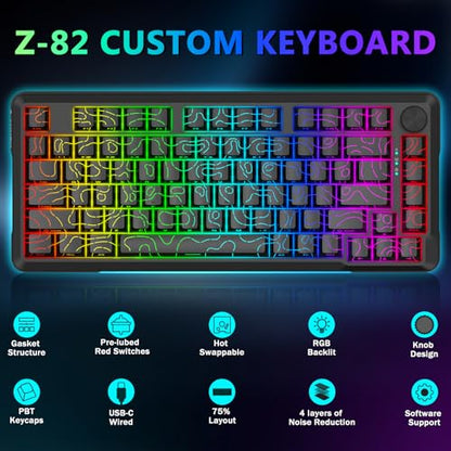 E-YOOSO 75% Wired Mechanical Gaming Keyboard, RGB Backlit, Red Switches | Hot Swappable Pre-lubed, Gasket Structure, Knob Control, Quiet Portable Compact Custom for PC, Black - color: Black, Red Switch
