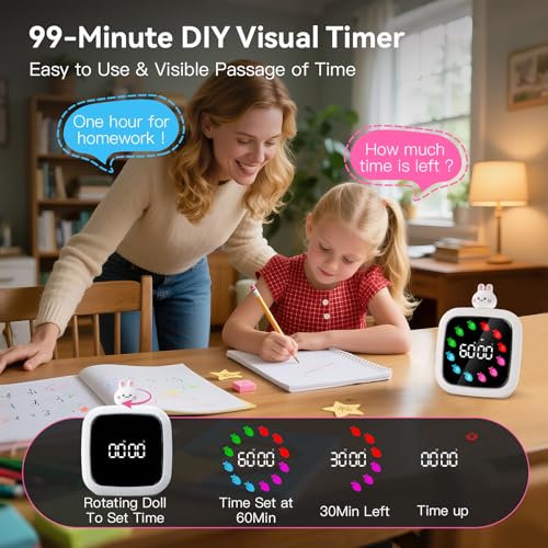 Yunbaoit Digital Visual Timer for Kids, Rechargeable 99-Minute Silent Countdown Timer with 19 Ringtones, 9 Optional DIY Color Carrot Display, Time Management Tool with Pause Function (Rabbit) - style: Rabbit Doll