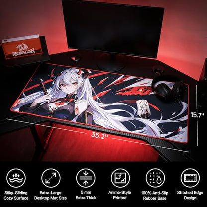 Redragon EISA P047L Anime Gaming Mouse Pad - Smooth Spandex Surface, Anti-Slip Rubber Base, Spill-Resistant, Durable 5mm Thick Design, 35 x 16 inches, Black - color: Black, size: 35.4L x 15.7W inches