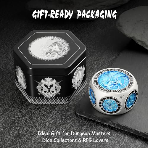 DNDND Unique Hexagonal Spinner Metal Dice, 8-in-1 DND Dice with Dual D20 Monster Themed Dice Set for DND Dungeons and Dragons, Dungeon Masters with Collectible Gift Tin (Silver with Blue) - color: Silver Blue