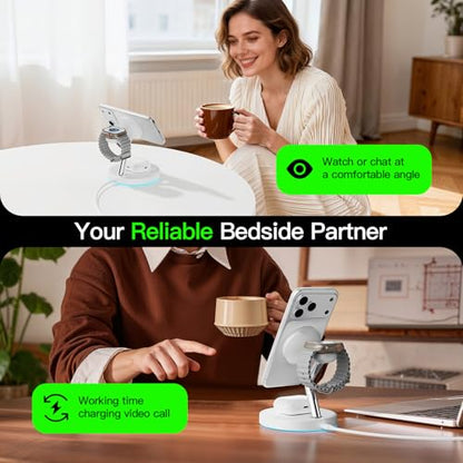 【Adjustable Blue Ambient Light】 Wireless Charger 3 in 1 for iPhone, Magnetic Charging Station for Apple Family,15W Fast MagSafe Charger Stand,for iPhone17-12-iWatch AirPods Series - color: White