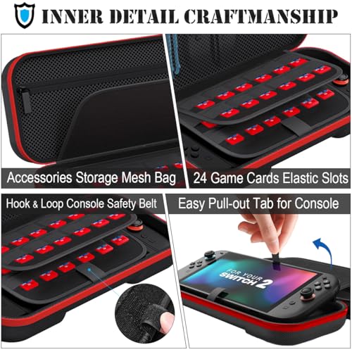 ADVcer Switch 2 Carrying Case with 24 Game Card Cartridges and Large Zipper Pocket, EVA Hard Shell Portable Travel Protective Case for Nintedo Switch2 Handheld Console, Controller & Accessories (Red) - color: Red