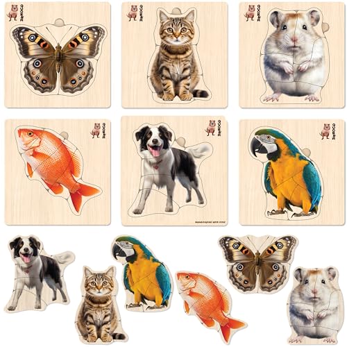 Wooden Puzzles for Toddlers 1-3 - 6 Montessori Kids Puzzles Ages 2-4 | Realistic Toddler Puzzles 15x15 Inches — Birds, Animals, Fish and Butterfly — Educational Motor Skills Toys - color: Solo Realistic Animals
