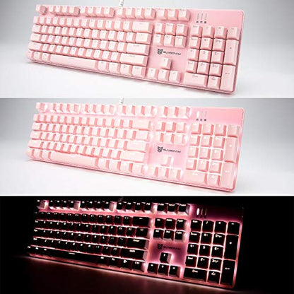 Merdia Full Size Wired Mechanical Gaming Pink Keyboard | Blue Switch 104 Keys US Layout Full Size Pink PC Gaming Keyboards | Hot Swappable LED Backlit Light Up Wired Mechanical Computer Keyboards - color: Blue Switch Pink