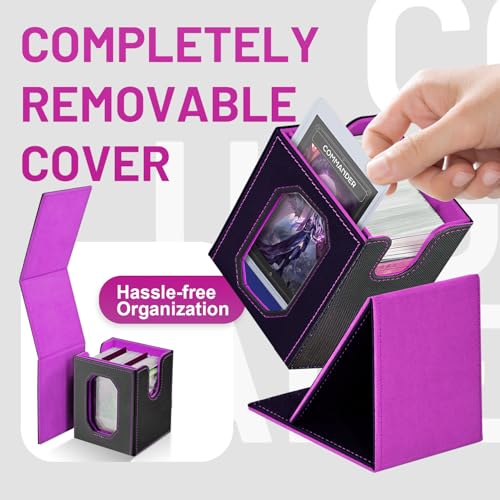Trading Card Storage Box with Commander Display for MTG, TCG, Sports Cards, 5-in-1 Card Deck Box, Holds 450+ Double-Sleeved Cards, 4 Individual Deck Cases with Covers, Dice Tray & Magnetic Holders - color: Black & Purple