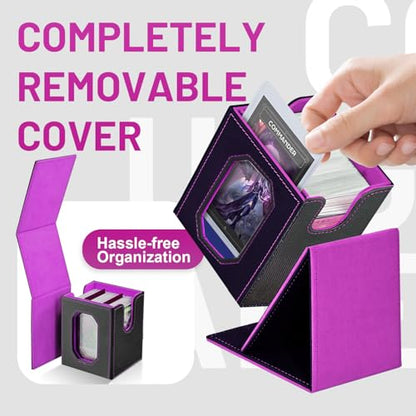 Trading Card Storage Box with Commander Display for MTG, TCG, Sports Cards, 5-in-1 Card Deck Box, Holds 450+ Double-Sleeved Cards, 4 Individual Deck Cases with Covers, Dice Tray & Magnetic Holders - color: Black & Purple
