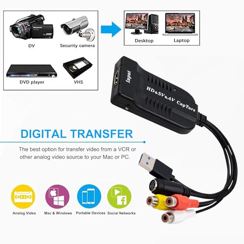 Wiistar USB Video Capture Card HDMI/AV/RCA/S-Video to USB2.0 Video Capture | up to 1080P30fsp Hi8, VCR, VHS to Digital Converter for Camcorder DVD PS4 Live Streaming Compatible with Mac Windows
