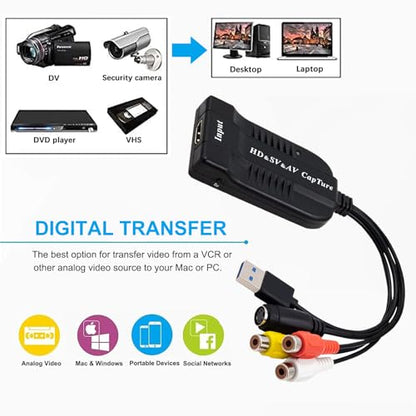 Wiistar USB Video Capture Card HDMI/AV/RCA/S-Video to USB2.0 Video Capture | up to 1080P30fsp Hi8, VCR, VHS to Digital Converter for Camcorder DVD PS4 Live Streaming Compatible with Mac Windows