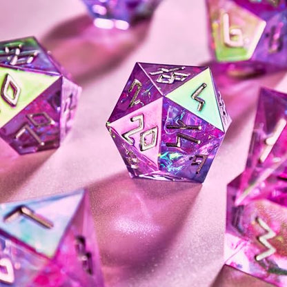 Iridescent DND Dice Set with Glowing LED Display Box – Sharp Edge Polyhedral Dice with Mesmerizing Finish | Bonus Stickers Included | Dungeons and Dragons (TTRPG) Dice Set - color: (Non-liquid Core) Iridescent - Feybound