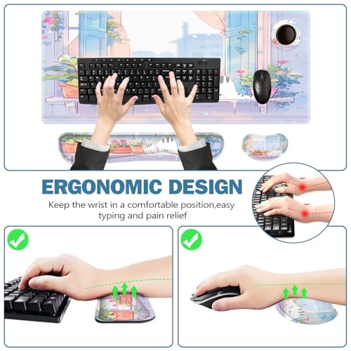 ToLuLu Extended Gaming Mouse Pad, Ergonomic Keyboard Mouse Wrist Rest Set | Large Desk Mat with Stitched Edges, Non-Slip Base Memory Foam Support Mousepad for Home Office and Game, Purple Cute Cat - color: Purple Cute Cat